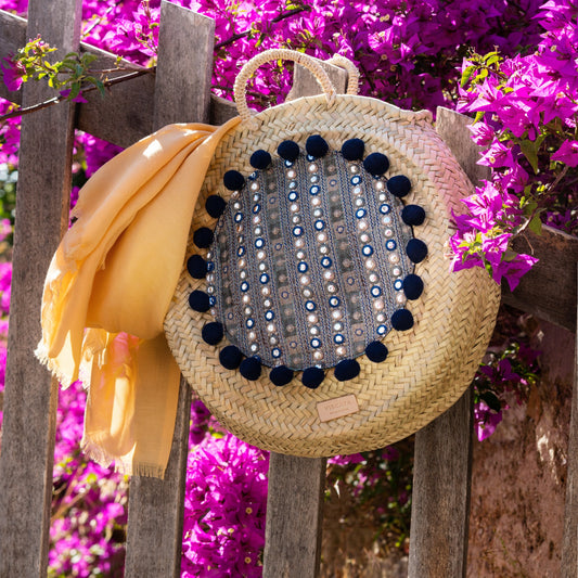 Viscata's Cala Tortuga Straw Bag with Pompoms - Navy.